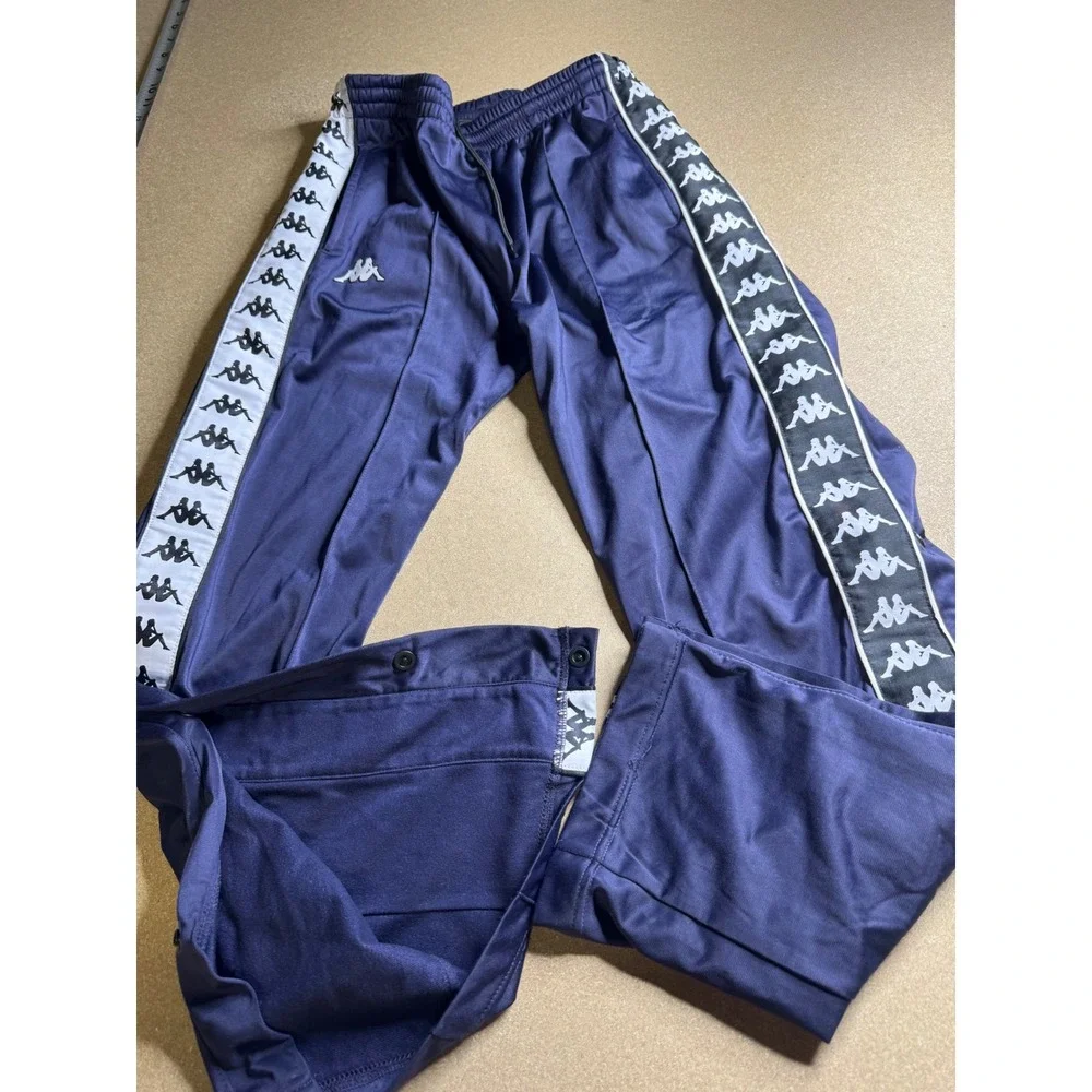 vtg Kappa Banda Snap Track Pants Navy Blue Omini Logo Tape Tearaway Mens Small‎
